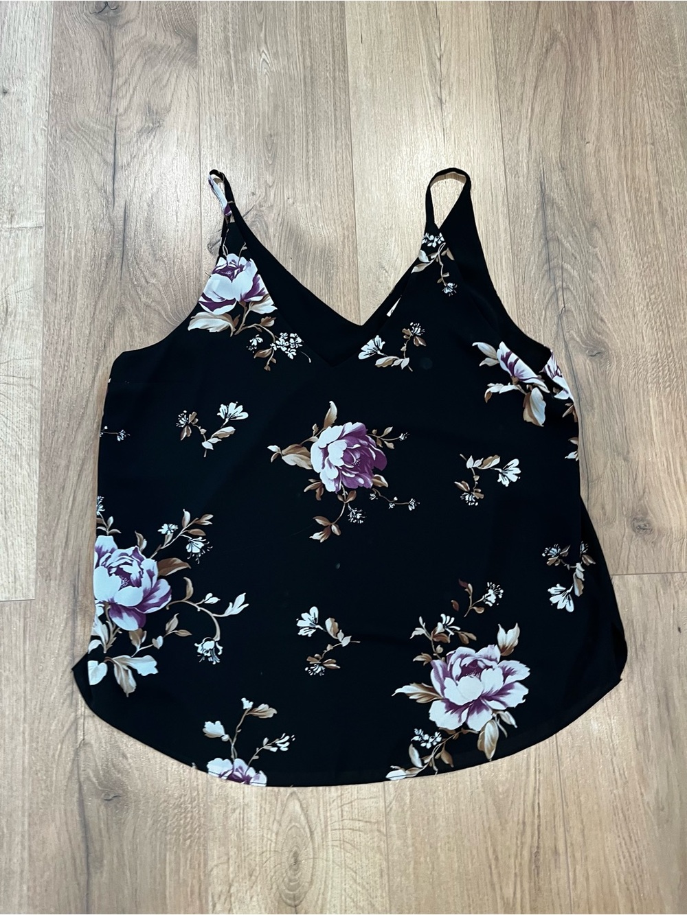 Kismet Black Floral V-Neck Cami with Purple and Cream Blooms